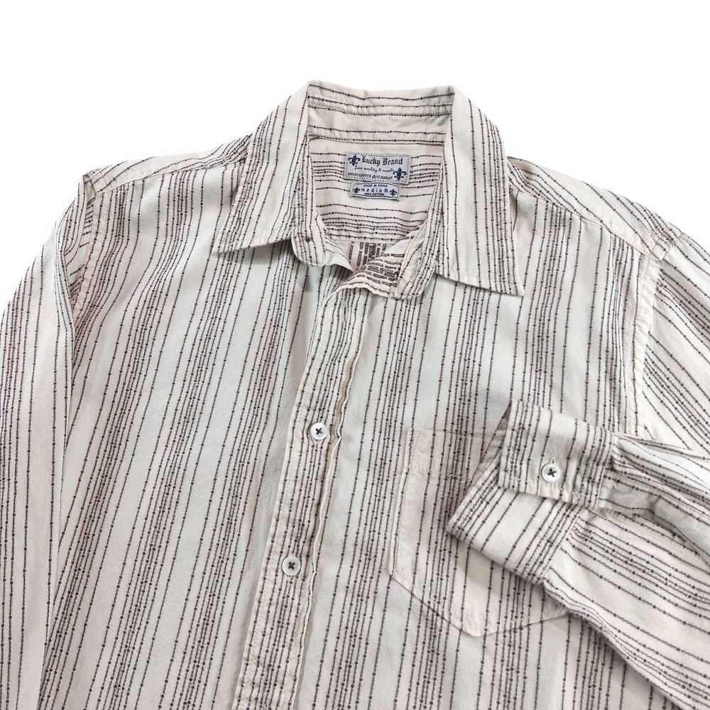 Lucky Brand Button Up Shirt Medium Brown Embroidered Striped Western Long Sleeve
